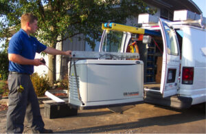 A generator technician unloading a generator from a white van